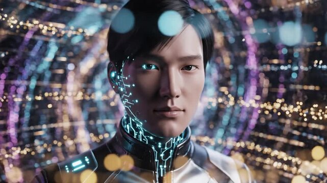 Man with circuit patterns on face stands before bokeh lights in silver jacket