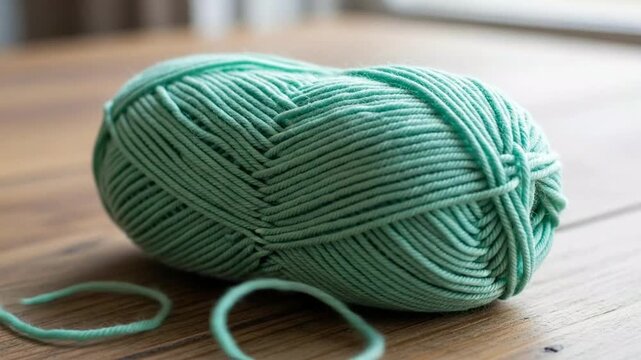 Close-up of mint green yarn ball on wooden surface with twisting and looping details