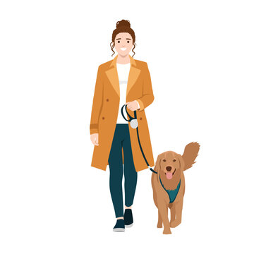 Happy Woman Walking Golden Retriever Dog. Flat vector illustration isolated on white background
