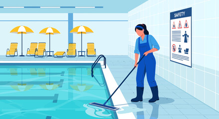 Obraz premium Pool Maintenance Woman Cleaning Poolside with Mop.