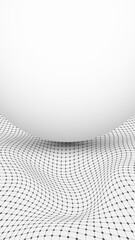 Digital data landscape with minimalist 3D sphere and distorted wireframe mesh background technology