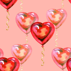 Hand-painted watercolor seamless pattern of red and pink heart-shaped balloons with golden curled ribbons. A romantic and festive design perfect for Valentine's Day, weddings, and celebratory © Natali_Mias