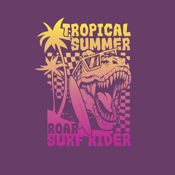 Roar surf rider tropical summer dinosaur vector illustration t shirt print design