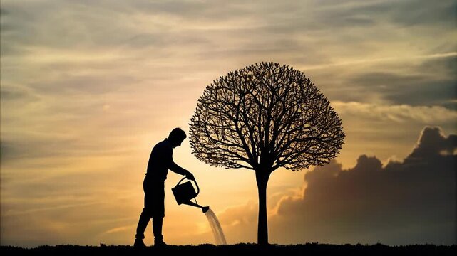 Silhouette man watering tree shaped like brain concept. Silhouette of man watering tree at sunset with dramatic sky nature growth and environment concept