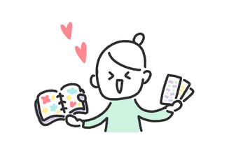 カラフルなシール帳とシールを持って喜ぶ笑顔の女性のかわいい手描きの線画