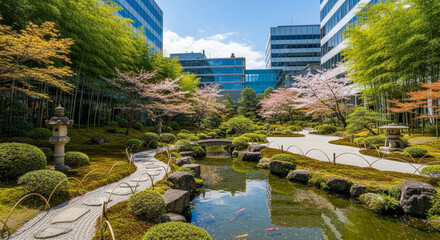 ビルの谷間の桜と新緑の日本庭園