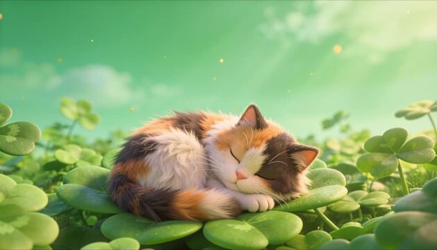 fluffy cartoon calico cat sleeping on shamrocks perfect for st patrick's day