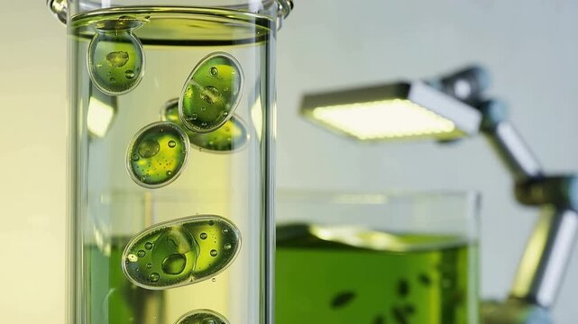 Small algae cells are seen floating in a transparent container filled with green liquid. A lamp is positioned nearby, illuminating the contents.
