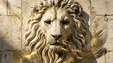 Obraz premium Close-up of intricate stone lion head carving with golden accents and textured background in natural light