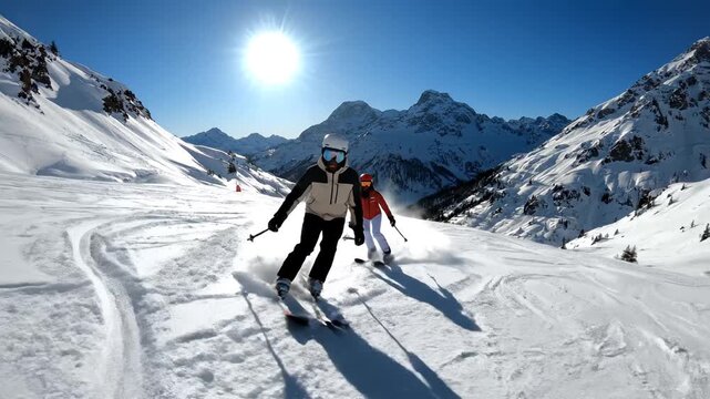 Two skiers on snowy mountain slope