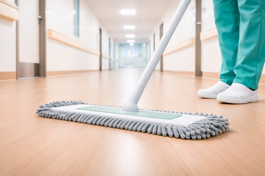 Low-angle ground-level shot of grey microfiber loop mop pad sanitizing wood-te