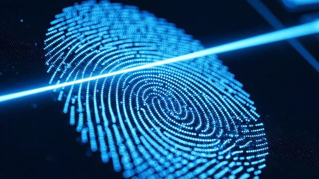 Digital fingerprint scan illuminated in blue, featuring circular ridges and a bright linear light effect