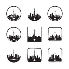 Fototapeta premium Collection of stylized city skyline icons showcasing a prominent communications tower