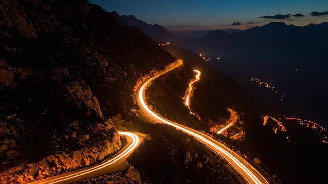 Mountainous winding road at night with light trails and distant village lights
