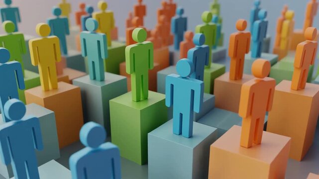 Stylized human figures in blue, orange, green, and yellow standing on colored blocks of varying heights, symbolizing diversity, demographics, and conceptual data visualization.