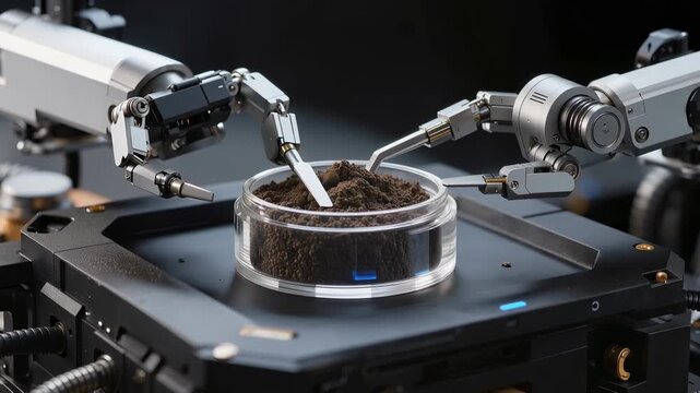 Robotic arms operate precision instruments to dispense or analyze material within a transparent container. The setting is a laboratory designed for scientific research and testing