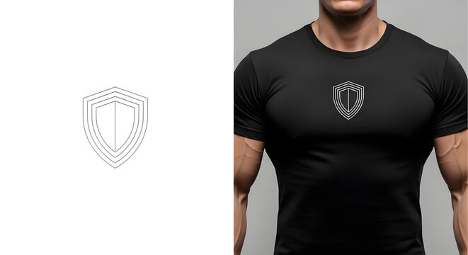 Athletic man wearing black compression shirt featuring minimal white line shield logo on chest area