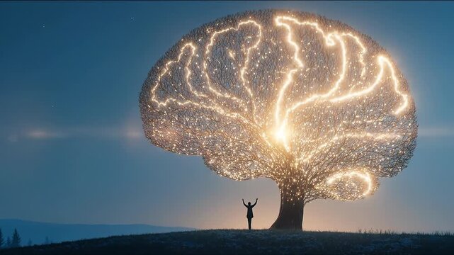 Silhouette man watering tree shaped like brain concept. Silhouette of person standing under glowing tree with illuminated branches at dusk in peaceful landscape