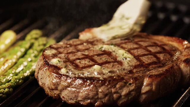 Close-up of a hand basting a juicy steak with a brush on a hot grill, with asparagus cooking alongside, creating a delicious outdoor cooking scene.