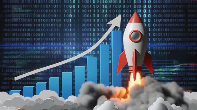 Red and white rocket launching upward with smoke, blue ascending bar graph and white arrow, binary code background, symbolizing startup success, financial growth, and technology.