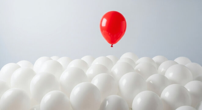 A red balloon stands out among a crowd of white balloons in a creative concept