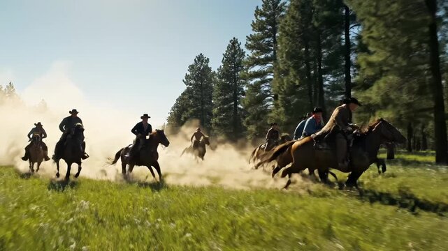 Cowboys riding horses in grassy field