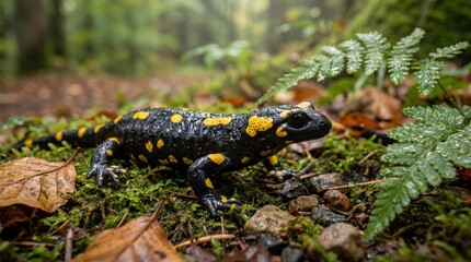 Spotted salamander in natural habitat with vibrant yellow spots in soft morning light on mossy forest floor for wildlife conservation