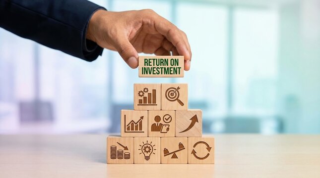 ROI, investment, business, growth, finance, strategy, success concept with businessman hand stacking wooden blocks to build a successful financial plan in blurred office background.