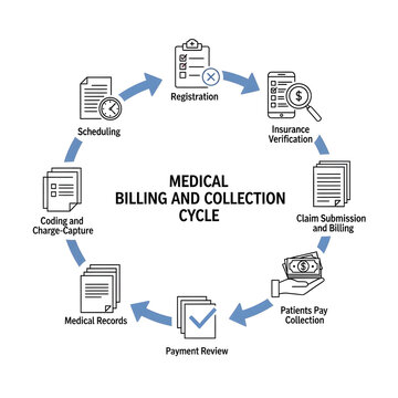 Medical Billing and Collection Cycle diagram with icons, healthcare revenue management process flow chart, isolated on white