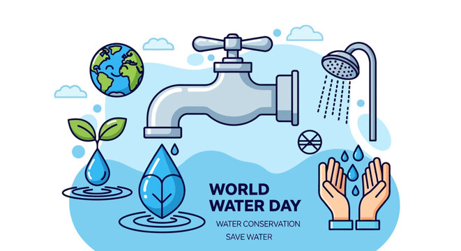 Illustration for World Water Day showing water conservation elements like a dripping faucet, shower, hands, plant, and Earth, promoting saving water.