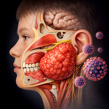 Mumps Infection Cutaway Head Anatomy with Virus Particles  3D Medical Illustration