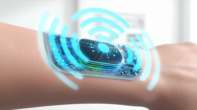 Health Monitoring Wearable Sensor On Arm With Glowing Digital Overlay In Bright Room For Medical