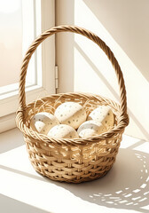 Woven basket with white decorative stones on windowsill in sunlight  