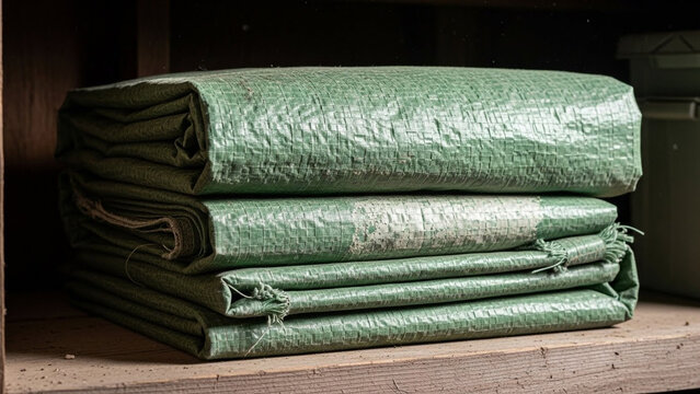 Folded green tarps stacked on a shelf in a storage space for weather protection