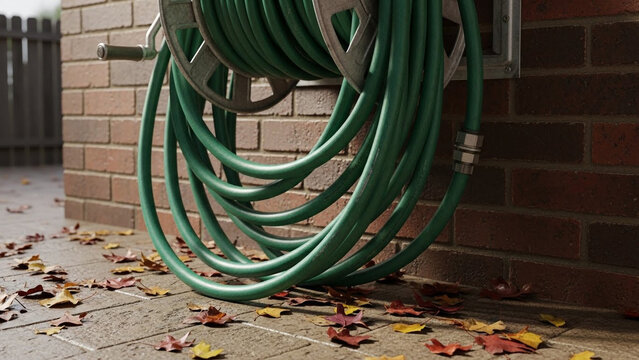 Garden hose coiled on reel against brick wall with fallen leaves on the ground outside