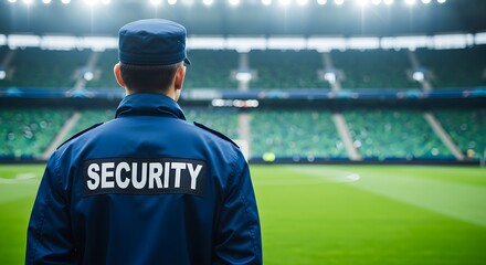 Security Guard Standing in Stadium Watching Over the Empty Seats and Field