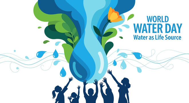 World Water Day illustration showing people reaching for a large water drop, symbolizing water as a life source and global celebration for environmental awareness.