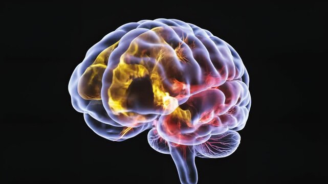 Human brain with highlighted neural pathways