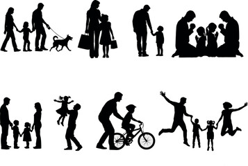 Fototapeta premium Silhouette of happy family and people in various activities and poses