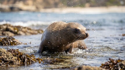 Seal Pup in Coastal Waters with Playful Splashing in Natural Light for Wildlife Photography