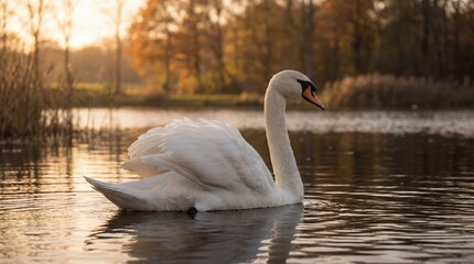 White swan in serene lake with warm golden lighting and soft ripples for nature photography