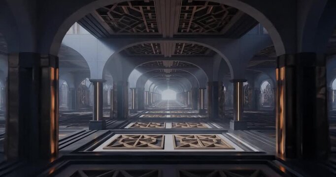 Mysterious Ancient Temple Interior Archways.