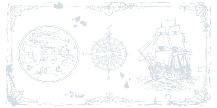 Vintage nautical map with sailing ship and compass rose, antique exploration theme, detailed historical illustration