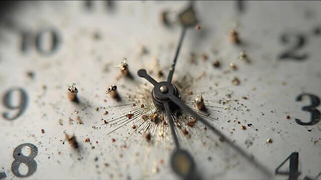 Shattered clock face with flying glass shards concept. Close up of an old weathered clock face with rust and corrosion around the hands showing time