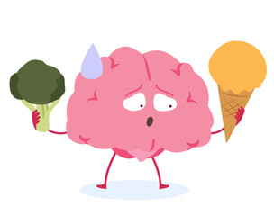 Cartoon vector illustration of a doubting brain character holding chocolate ice cream in one hand and broccoli in the other. Concept for healthy diet, decision making, nutrition and lifestyle balance