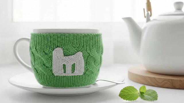 Close-up of a uniquely knitted green mug cover with a white logo on a teacup alongside a white teapot and fresh mint leaves in a