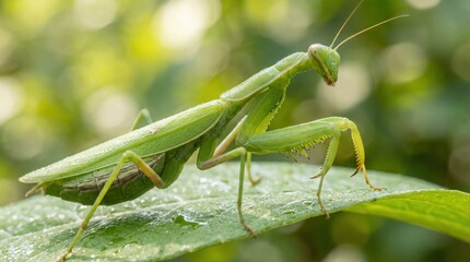 Green praying mantis in natural habitat with soft focus and warm lighting on lush leaf for wildlife photography