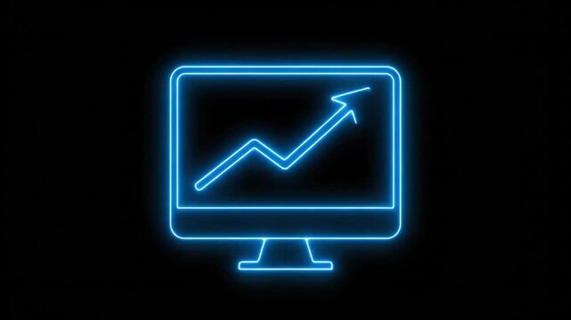 A neon blue graph on a computer monitor showing an upward trend against a dark background from a straightforward viewpoint