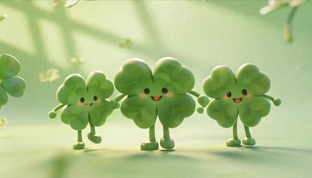 cute cartoon shamrocks bouncing on pastel green background perfect for st patrick's day
