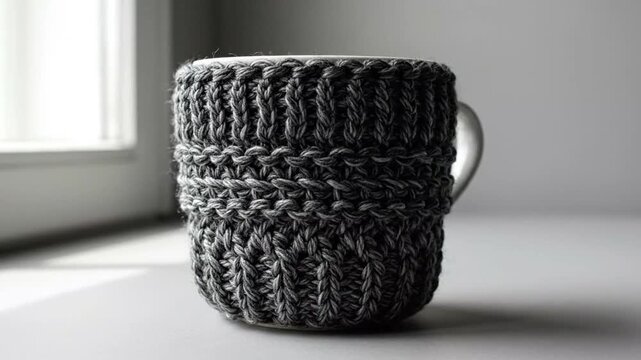 Close-up Series of a Hand-knit Gray Wool Mug Cover with Natural Light in a Cozy Indoor Setting
